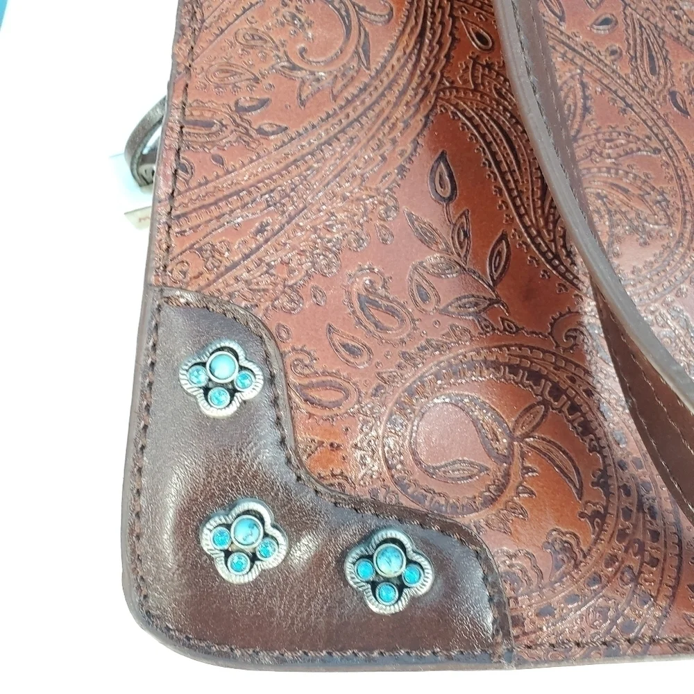 MC brown leather scrollwork embossed shoulder bag - Picture 4 of 16